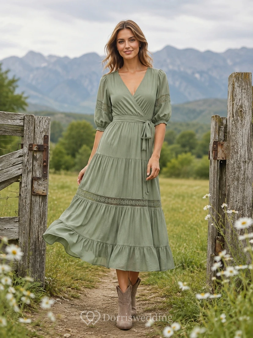 Bohemian Sage Chiffon A-Line Tea-Length V-Neck 3/4 Length Ruffle Dress