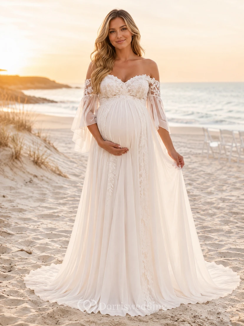 Maternity Wedding Dress Off Shoulder Flutter Lace Sleeve Beach Bridal Gown
