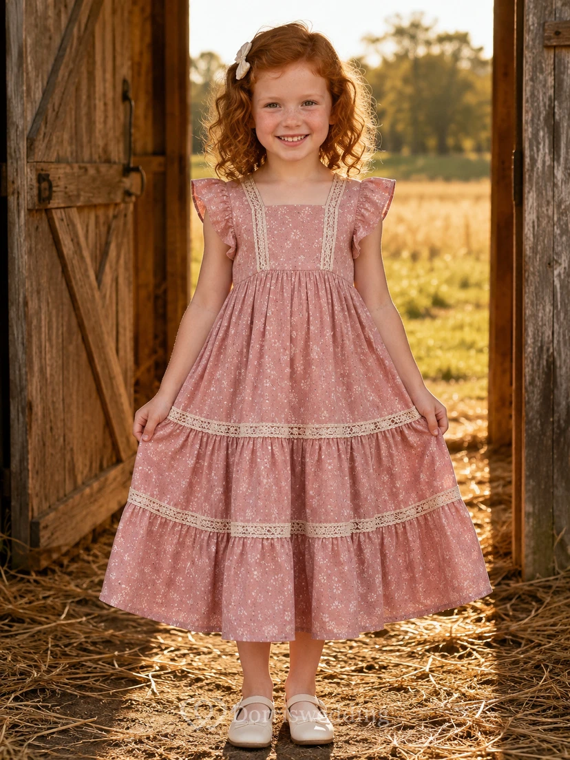 Dusty Rose Vintage Casual Country Floral Cotton Ruffle Sleeve Flower Girl Tea-Length Garden Dress