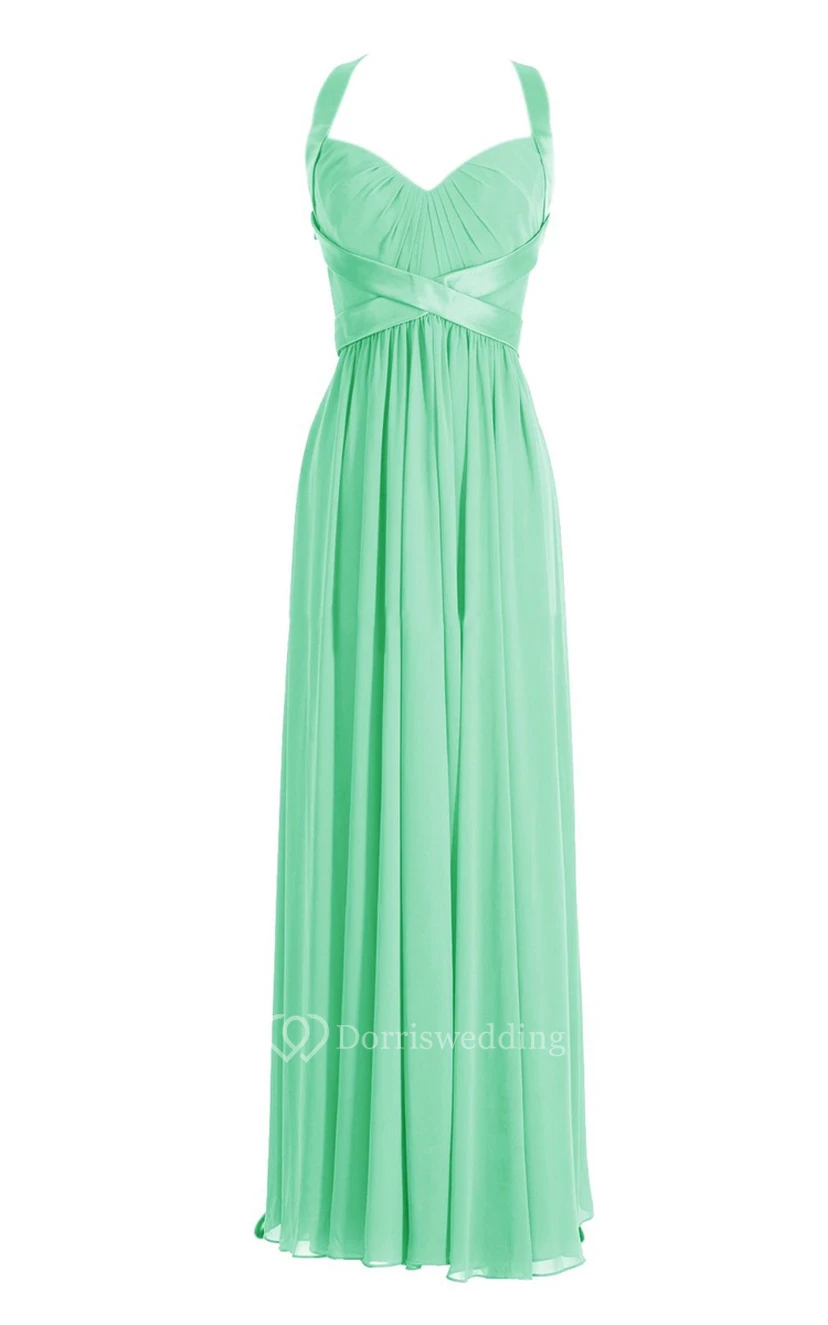 Halter Pleated Chiffon A-line Gown With Deep-v Back