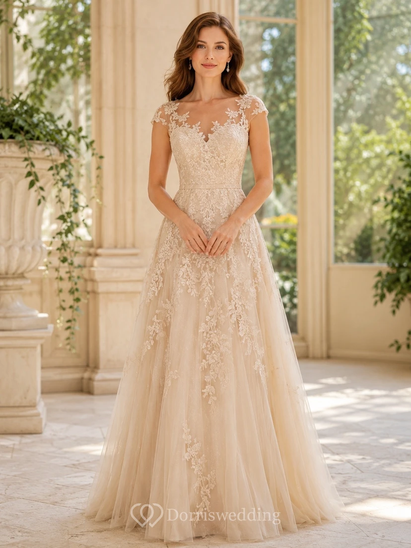 Champagne Lace Cap Sleeve A-Line Formal Gown Classic
