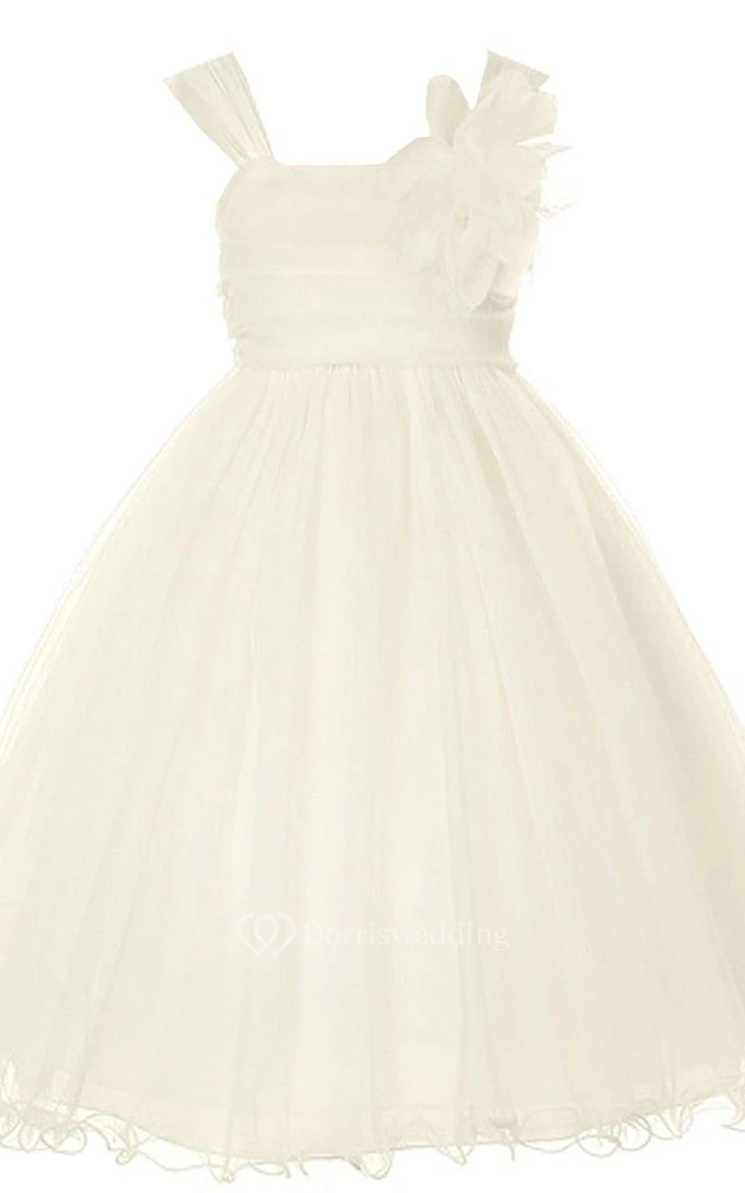 Cap-sleeved Square-neck A-neck Dress With Flower