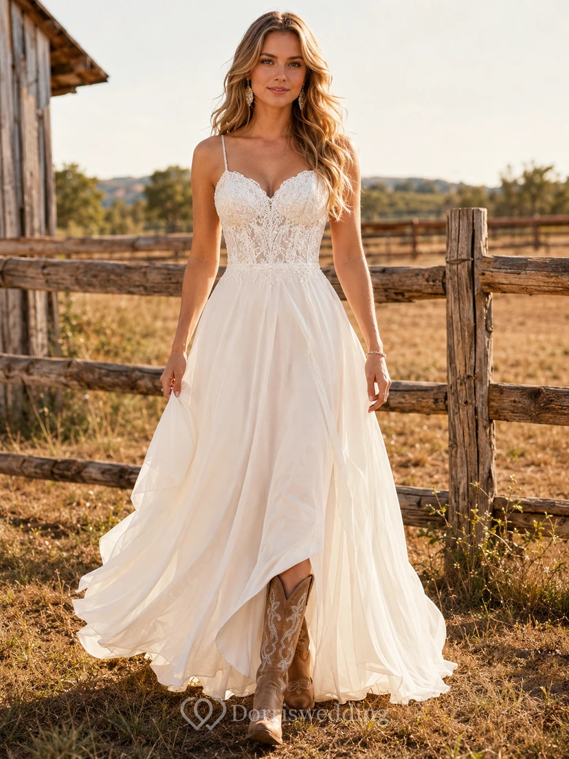 Western Country Simple Romantic A-Line Lace Chiffon Wedding Dress with Sweetheart Spaghetti Straps Sleeveless Floor-Length Train Split Skirt Low Back
