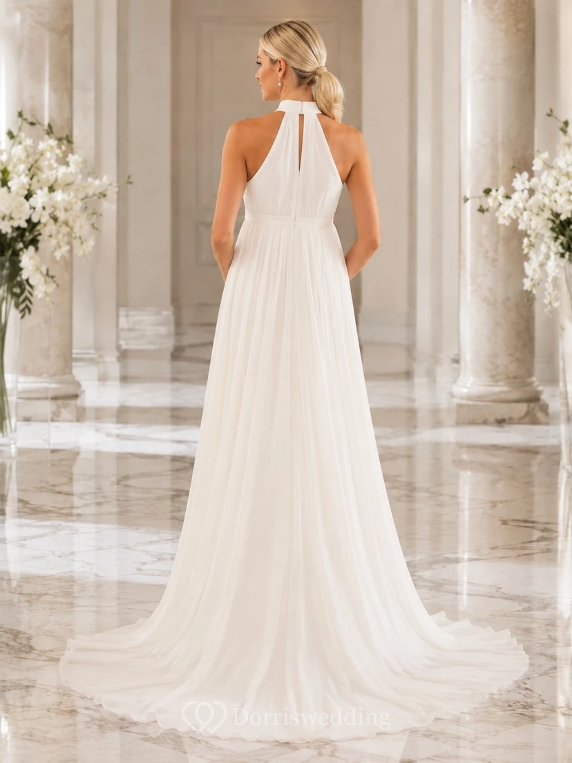 Vestido de novia de maternidad sencillo, largo hasta el suelo, con cuello halter y estilo imperio. view 2