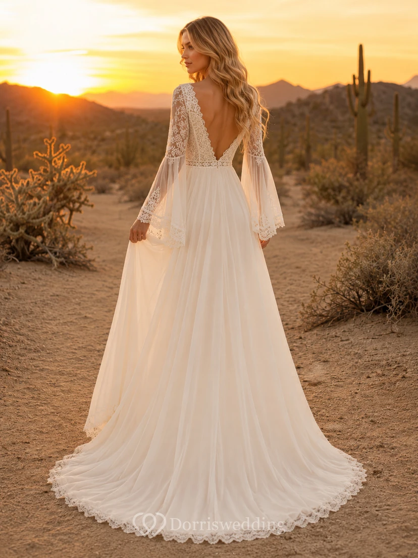 Boho V Neck Bell Sleeve Desert Elopement Bridal Gown view 2