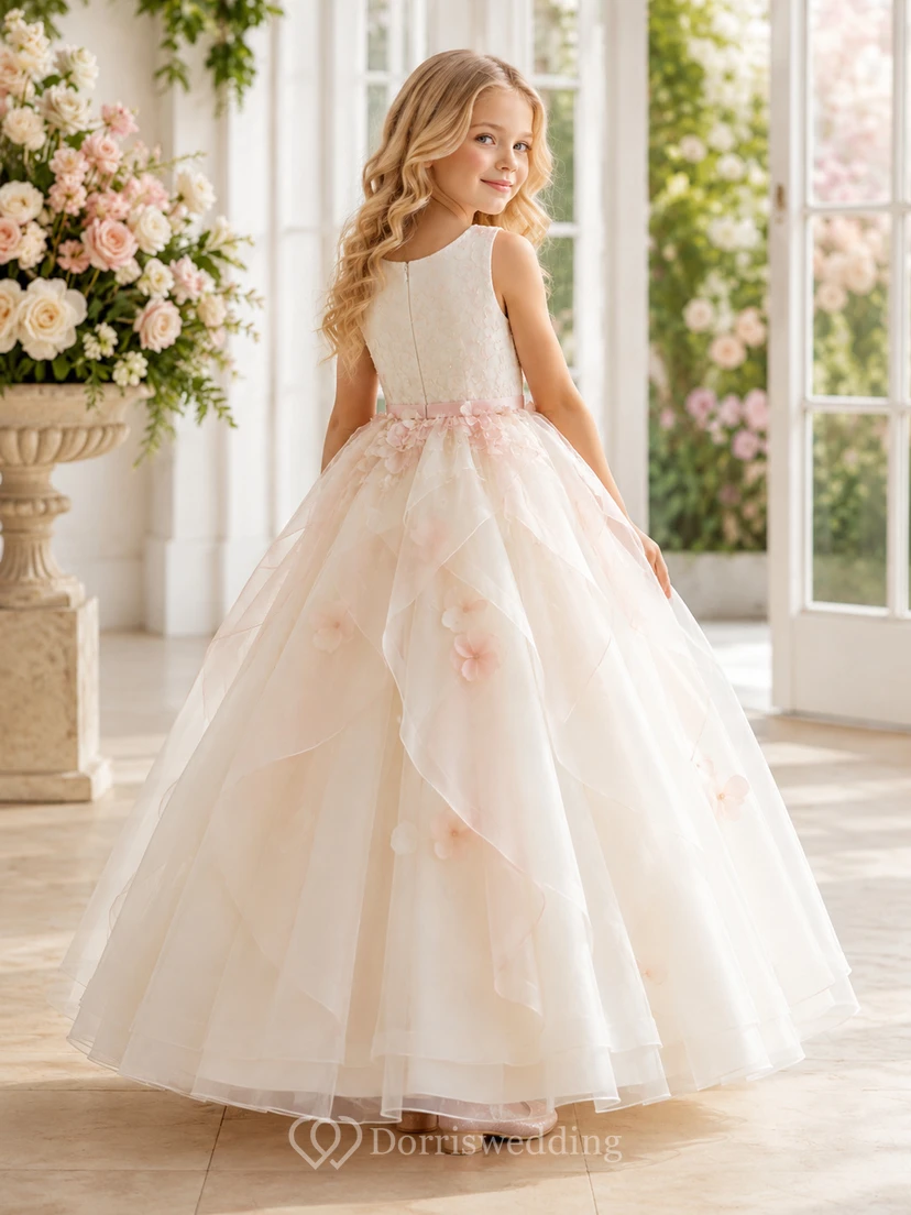 Luxury Floor-Length Ball Gown Flower Girl Tulle Petal Ruffle Garden Dress with Jewel Neck view 2
