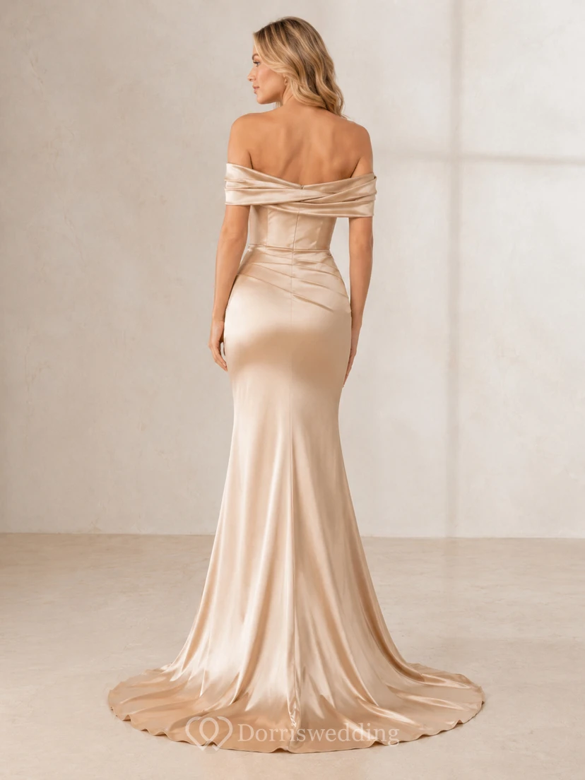 Elegantes, bodenlanges, champagnerfarbenes Meerjungfrauen-Kleid aus Satin mit schulterfreiem Schnitt und kurzen Ärmeln view 2