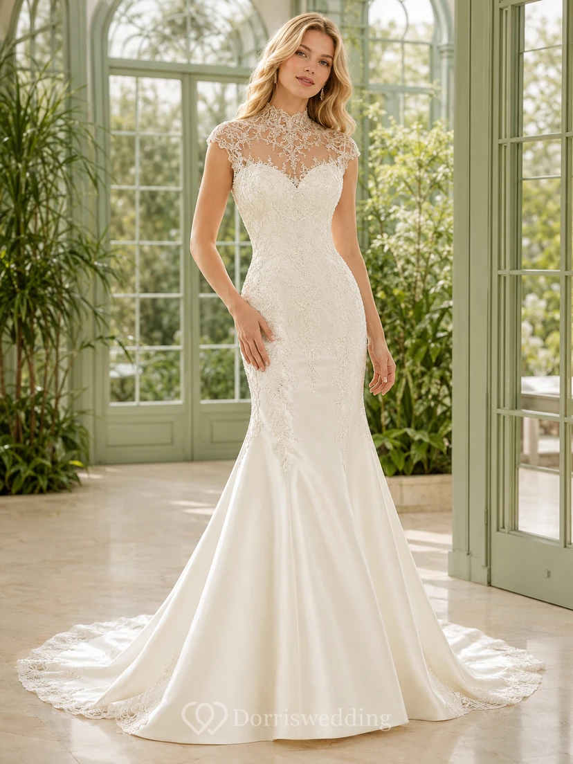 High Neck Illusion Lace Cap Sleeve Mermaid Chapel Train Wedding Dress