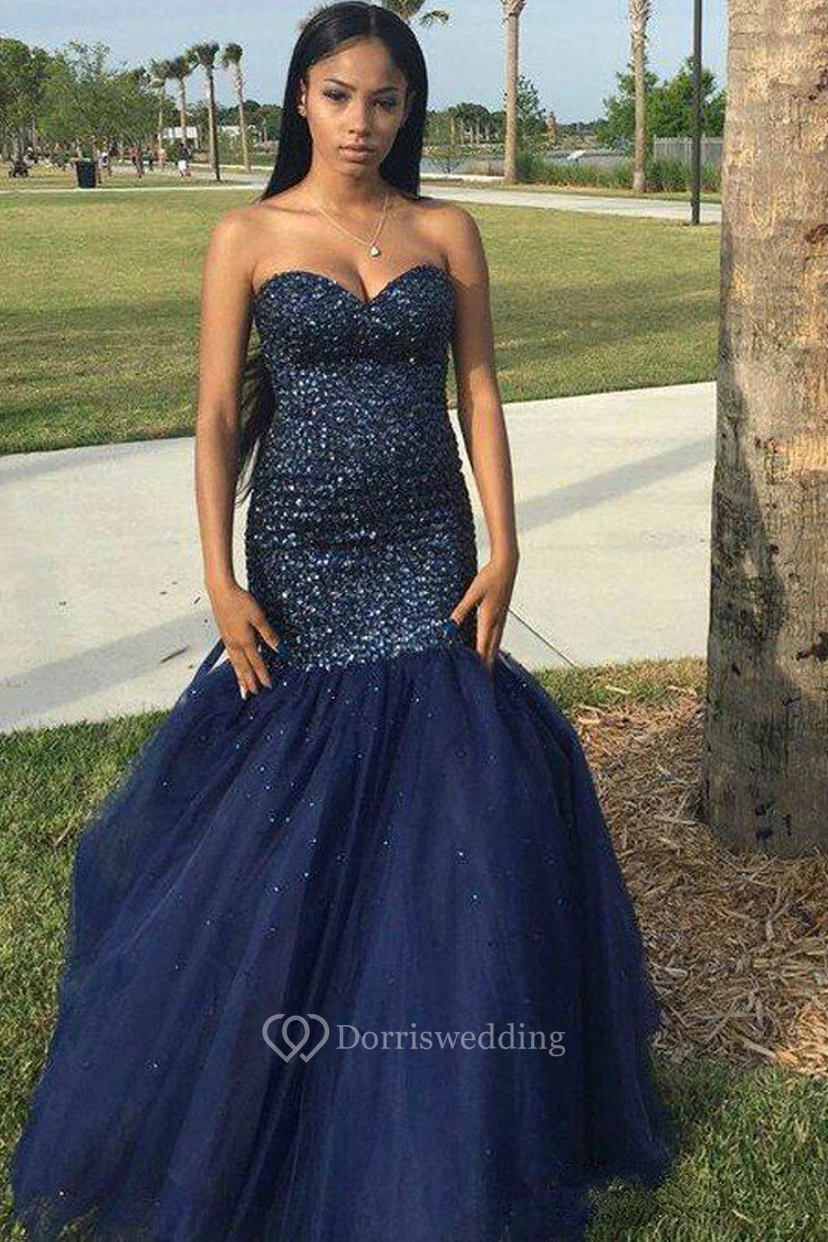 Mermaid Trumpet Tulle Sequins Sweetheart Sleeveless Lace-up Corset Back Dress view 3