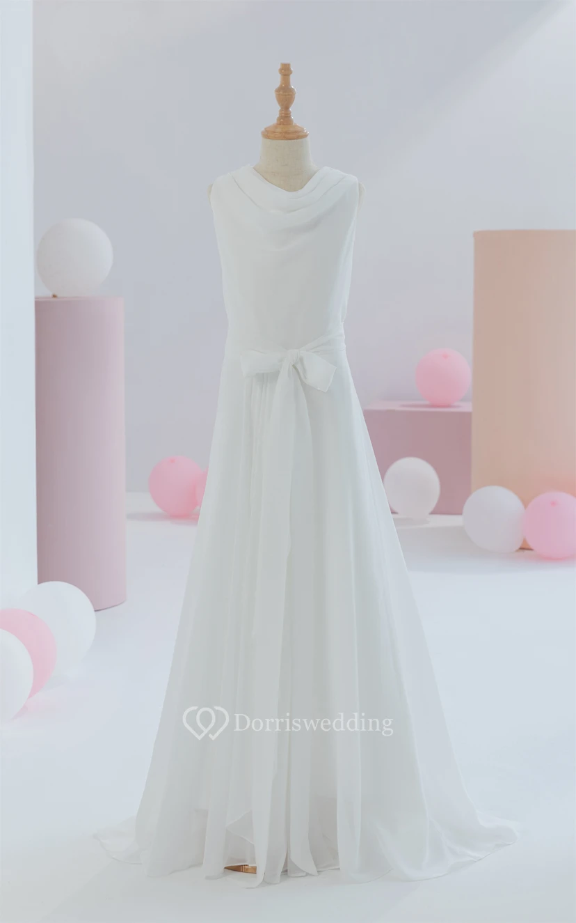 White First Communion Cowl-neck Sleeveless Floor-length Flowergirl Dress video preview