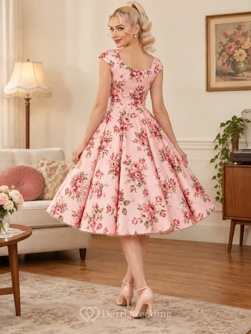 Vestido de corte evasé de los años 50, color rosa empolvado, cuello redondo, mangas cortas y estampado floral. view 2