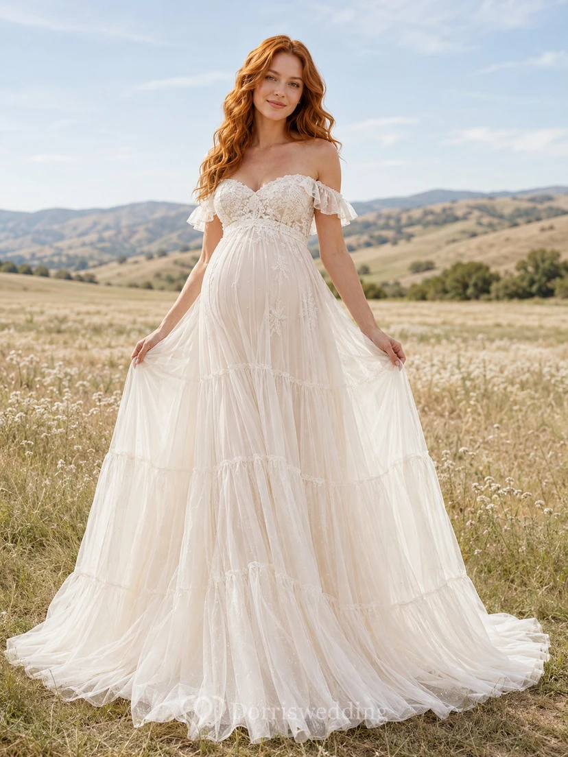 Boho Maternity Wedding Dress Off Shoulder Lace Bodice Tiered Tulle Gown