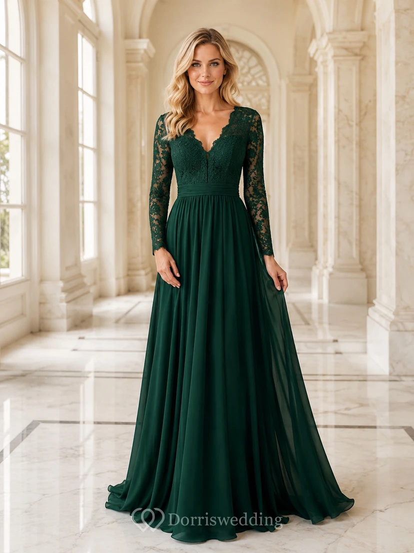 Dunkelgrünes Abendkleid in A-Linie mit V-Ausschnitt, Illusionsspitze, langen Ärmeln
