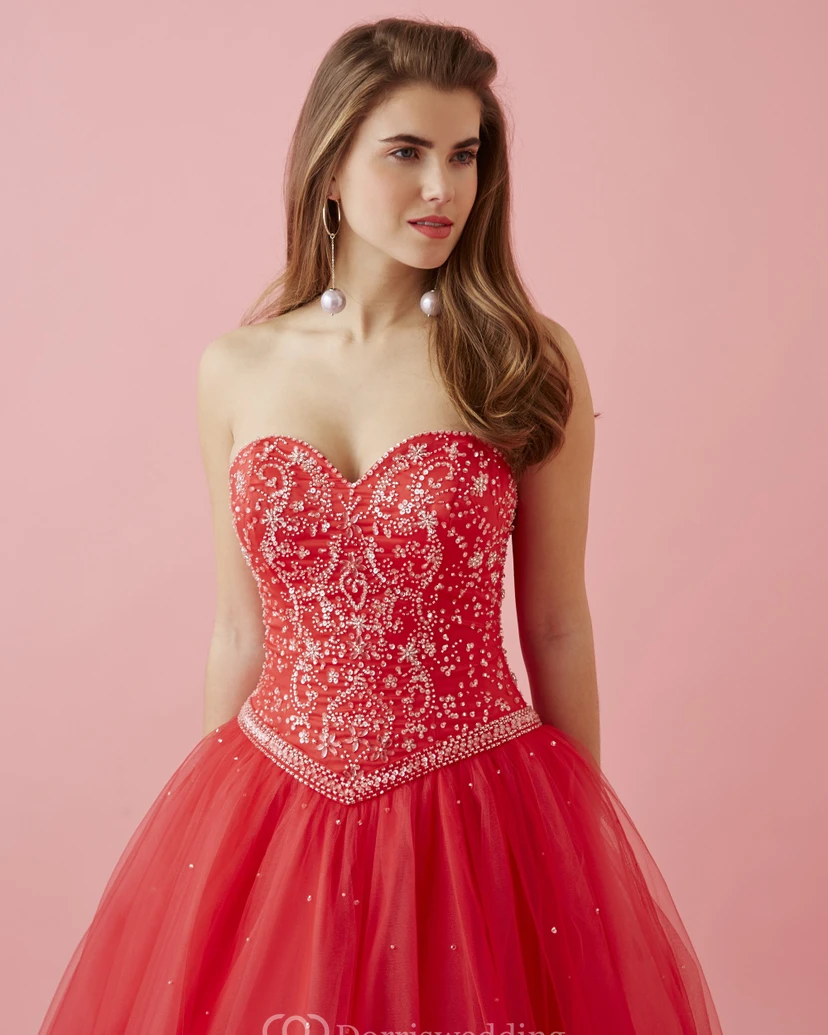 Robe de bal bustier cœur sans manches en tulle à lacets et perles view 3