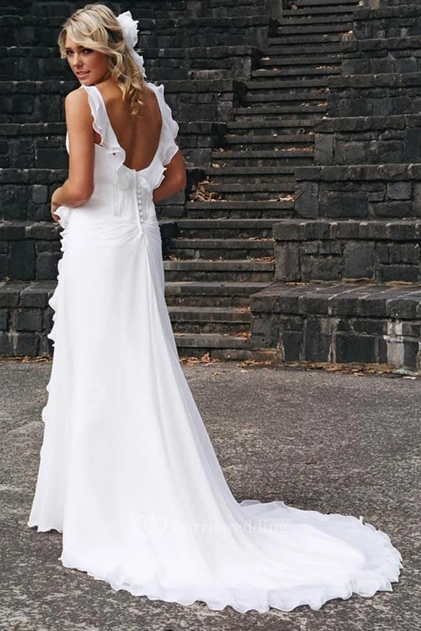 Elegante vestido de novia sin mangas de gasa con escote en V y volantes. view 2