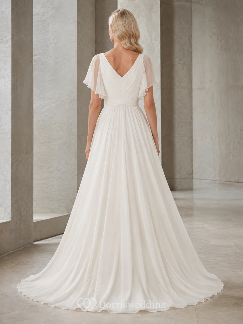 Robe de mariée d'été bohème simple à manches bateau papillon, en mousseline, coupe trapèze, traîne, style A view 2