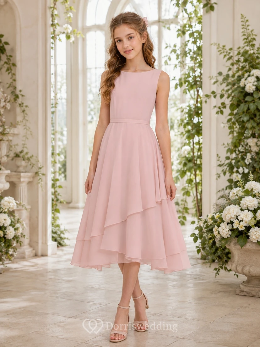 Zartrosa Brautjungfernkleid, A-Linie, ärmellos, Stufenrock
