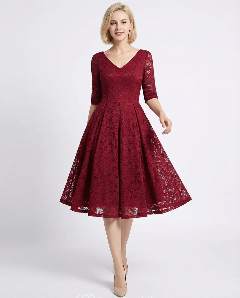 V-Neck Knee-Length Lace Cocktail Dress