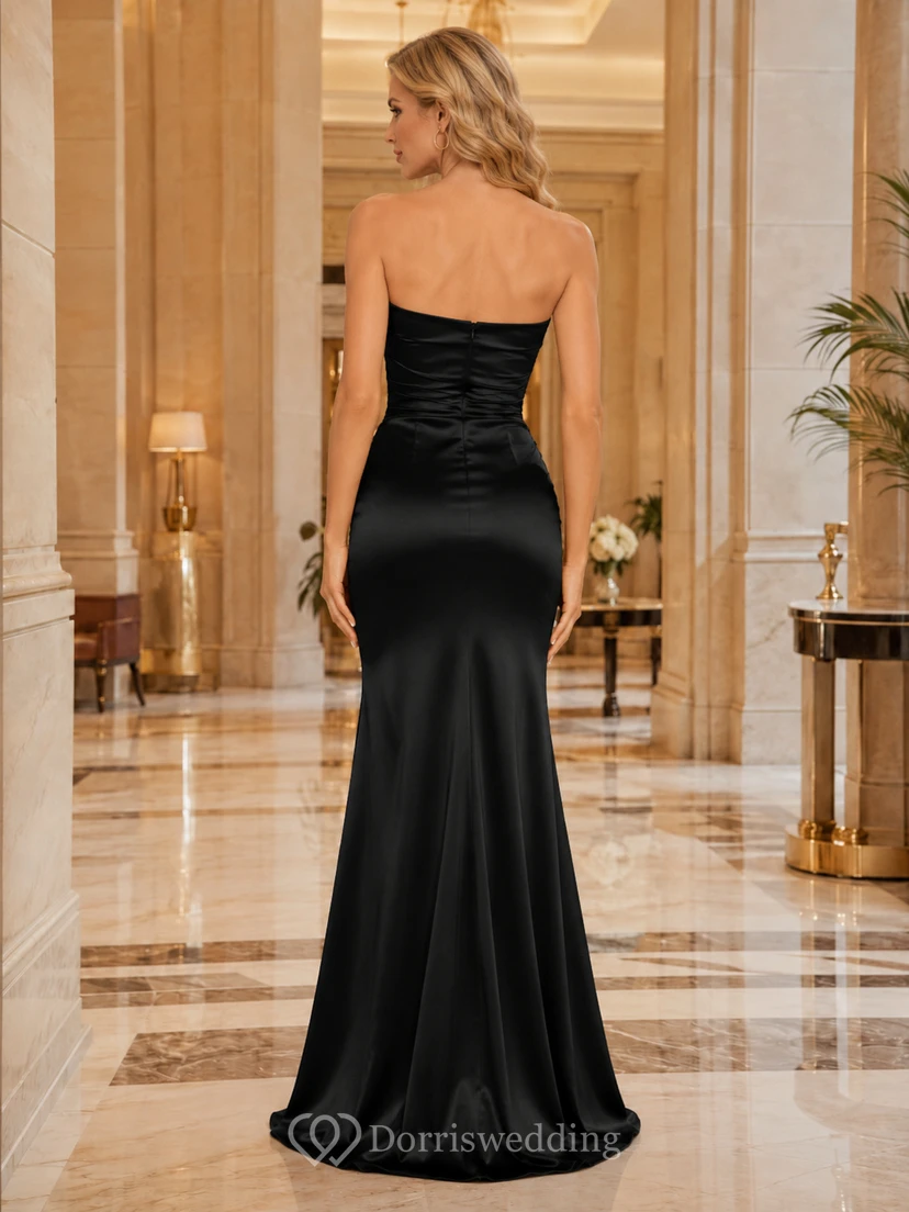 Black Satin Strapless Slit Mermaid Evening Dress view 2