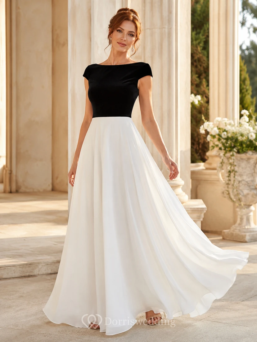 Vestido formal modesto de gasa de manga corta, corte A, largo hasta el suelo, con escote barco, de la marca Orangerie, en color blanco contrastante.