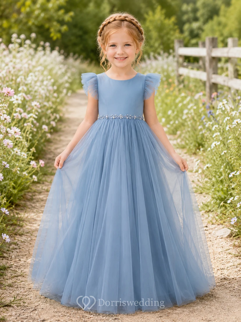 Blaues Tüllkleid für Blumenmädchen mit Perlenbesatz an der Taille