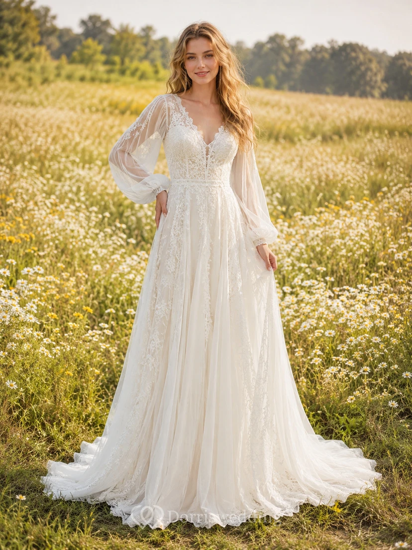 Long Bishop Sleeve Lace Boho Meadow Bridal Gown