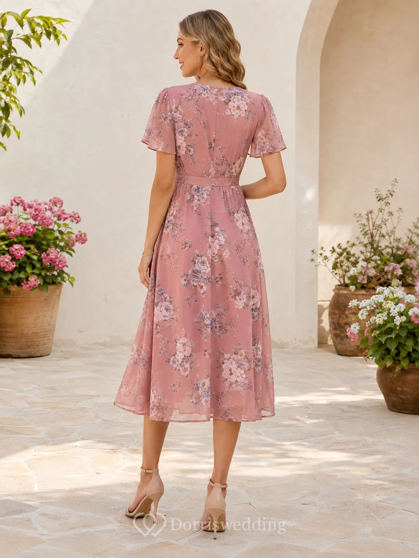 Dusty Rose Floral V-Neck Flutter Sleeve Garden Guest Dress Romantic view 2