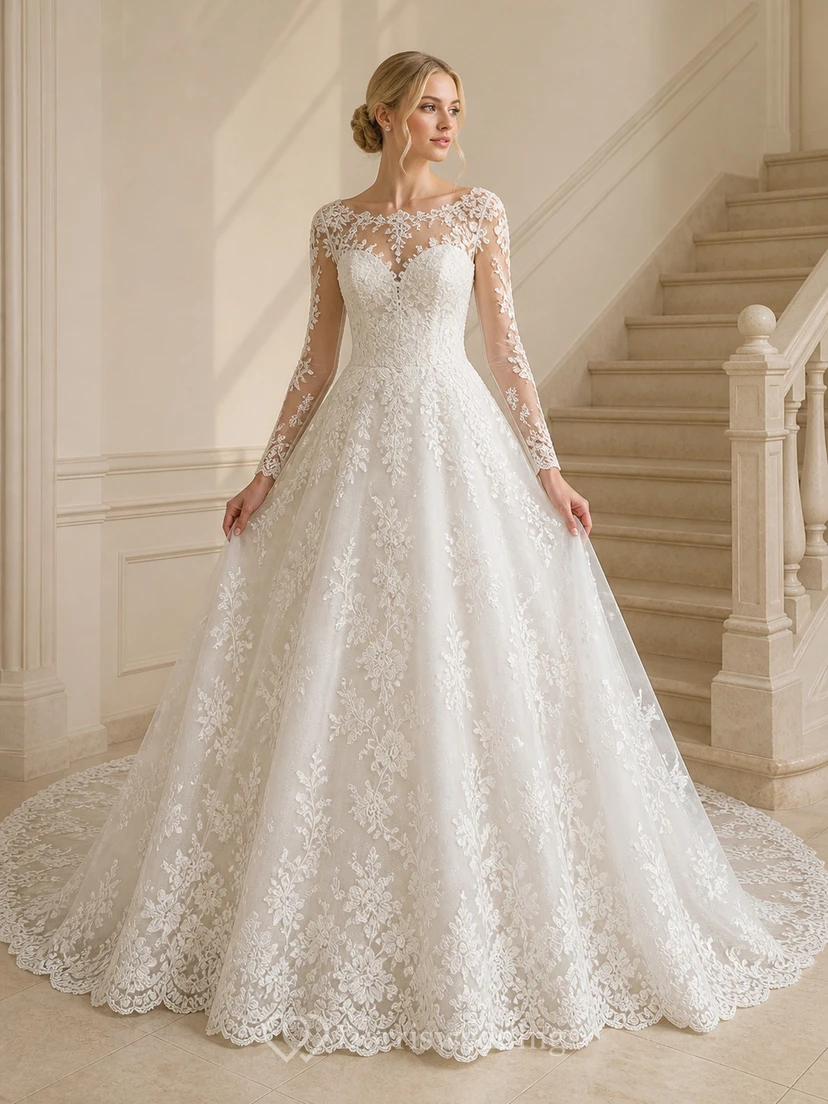 Vestido de novia romántico de corte capilla con escote barco y mangas largas en A