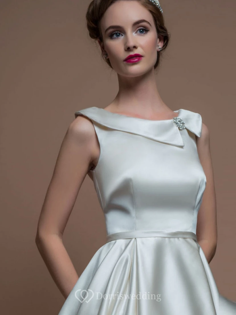 A-Line Sleeveless Tea-Length Bateau-Neck Satin Wedding Dress With Broach view 4