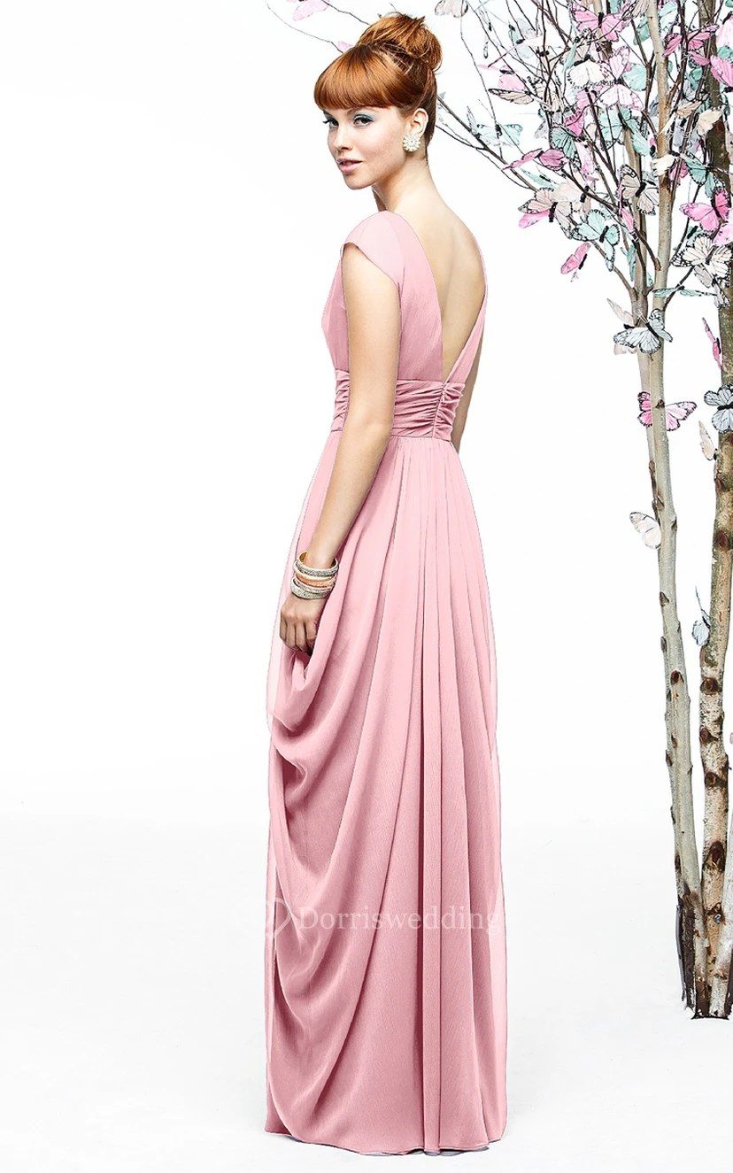 Long Chiffon Cap-Sleeved Enchanting V-Neck Dress view 4