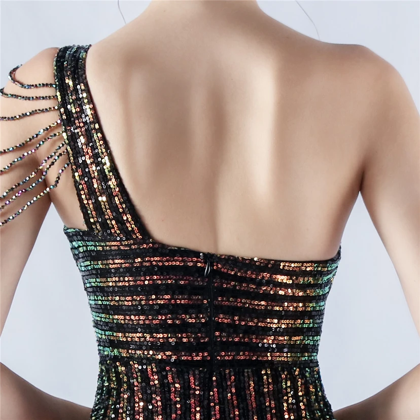 Heavy Beaded One-Shoulder Oblique Collar High Fork Sequin Dinner Dress view 7