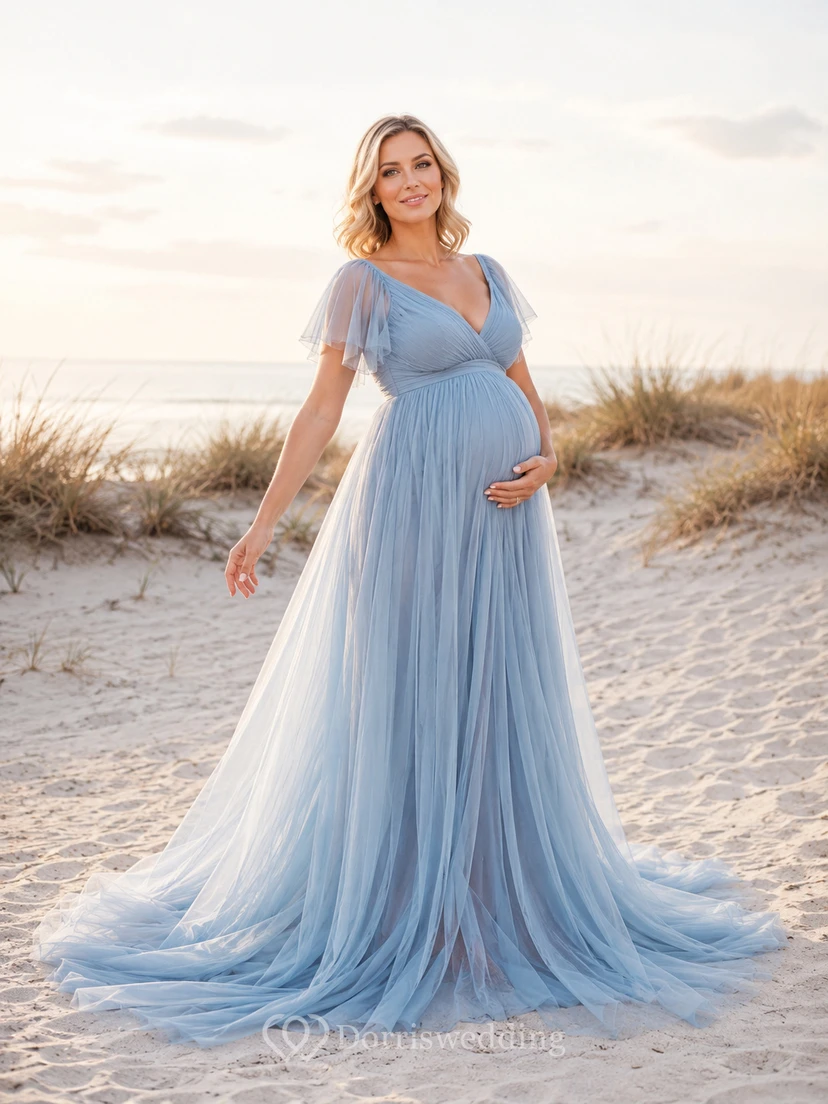 Strandkleid aus Tüll, Umstandsmode, stahlblau, A-Linie, bodenlang, mit Schleppe, V-Ausschnitt, kurzen Ärmeln, ätherisch, romantisch, für festliche Anlässe