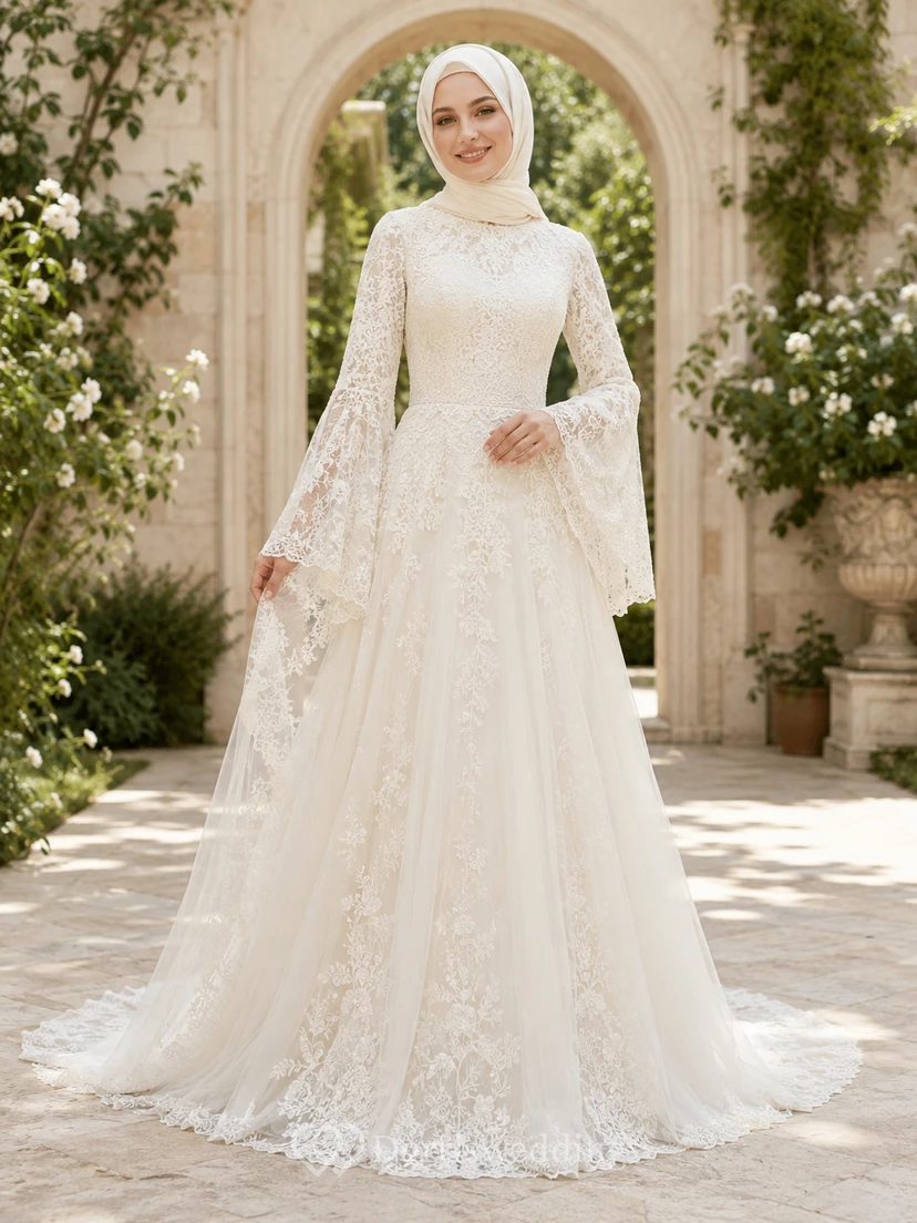 Vestido de novia bohemio musulmán de encaje con mangas acampanadas, estilo jardín