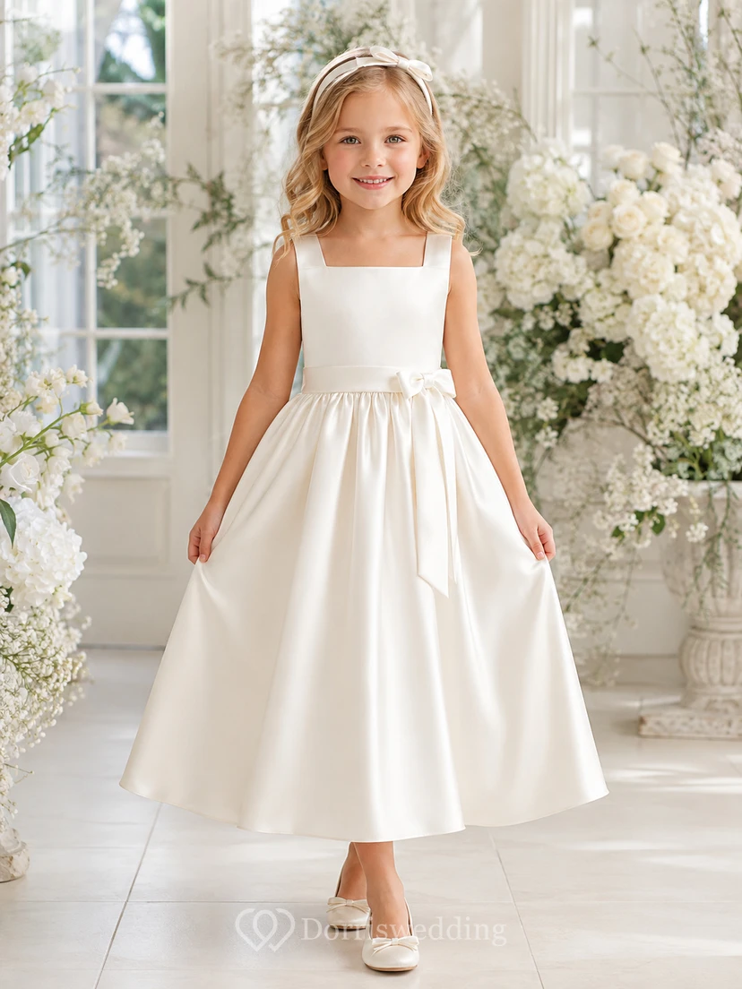 Vestido moderno de niña de las flores con corte en A, escote cuadrado, sin mangas, de satén blanco plisado en la cintura, ideal para ceremonias.