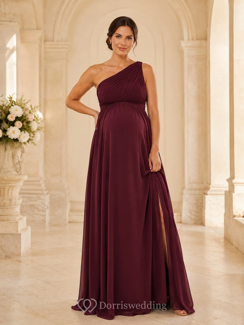 Burgundy Maternity One Shoulder Chiffon Empire Bridesmaid Evening Gown Dress