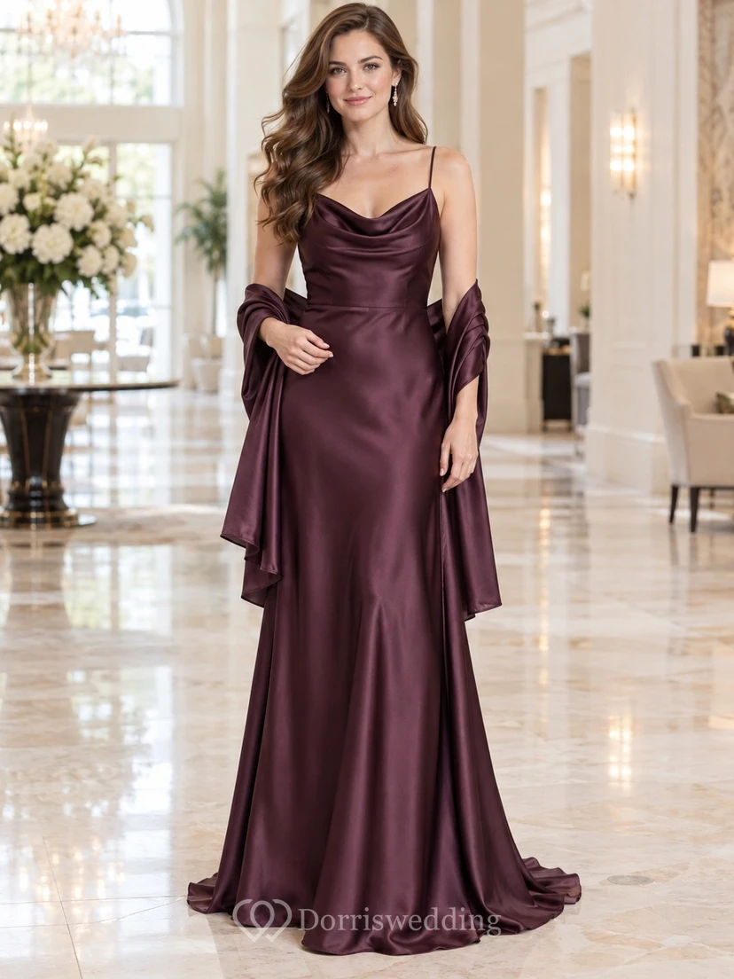 Vestido de dama de honor de corte A con escote drapeado y tirantes finos de satén Mulberry