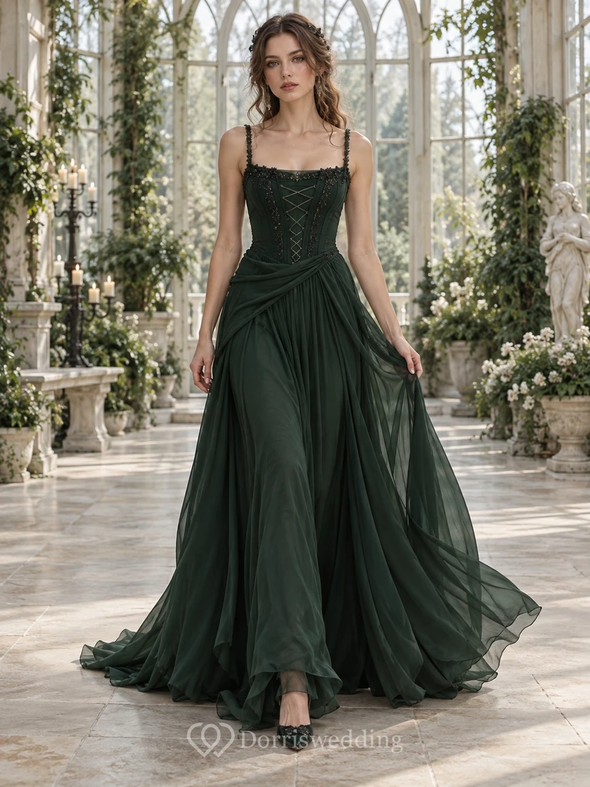 Vestido de dama de honor gótico verde esmeralda con tirantes finos, gasa, corsé con cordones y drapeado de corte amplio y fluido.
