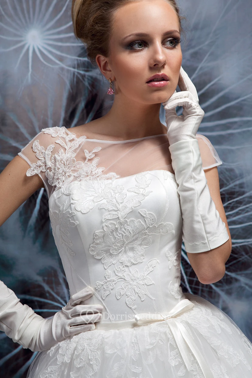 Bateau Short Appliqued Cap-Sleeve Tulle Wedding Dress view 2