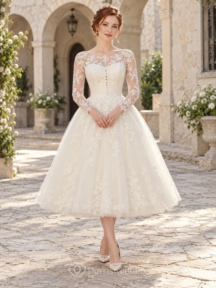 Vintage Tea-length Long Sleeve Button Bodice Tulle A-line Wedding Dress