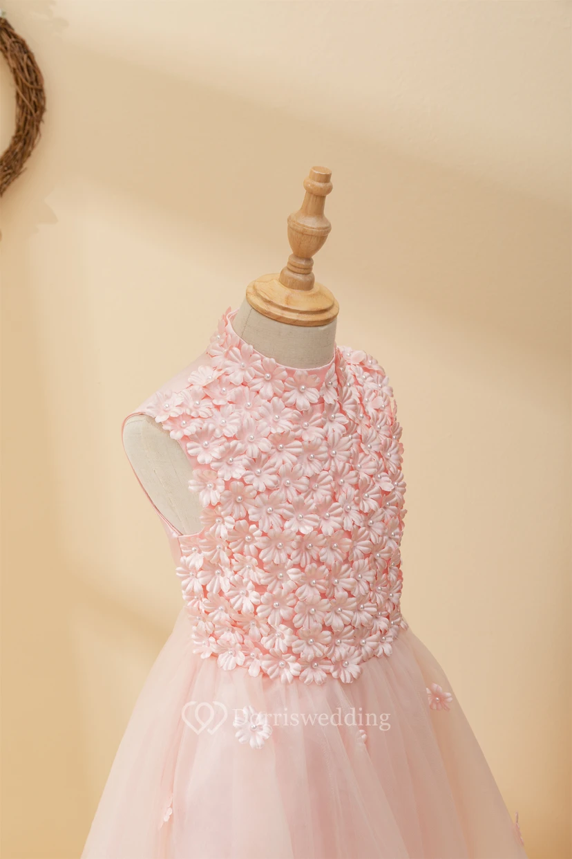 Adorable Jewel Sleeveless Tulle A-line Flowergirl Dress with Petal Top view 7