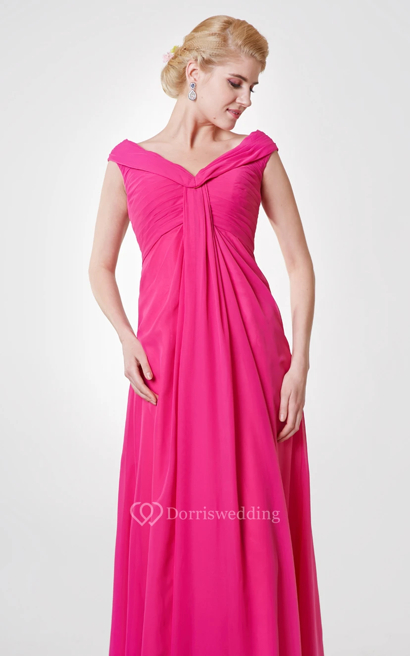 Classic V-neck Cap-sleeved A-line Chiffon Long Dress With Pleats view 4