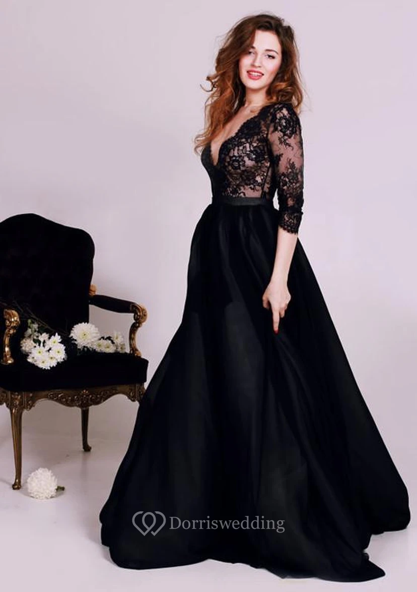 Sexy Black Lace Appliques V-neck Evening Dress 3-4-Length Sleeve A-line