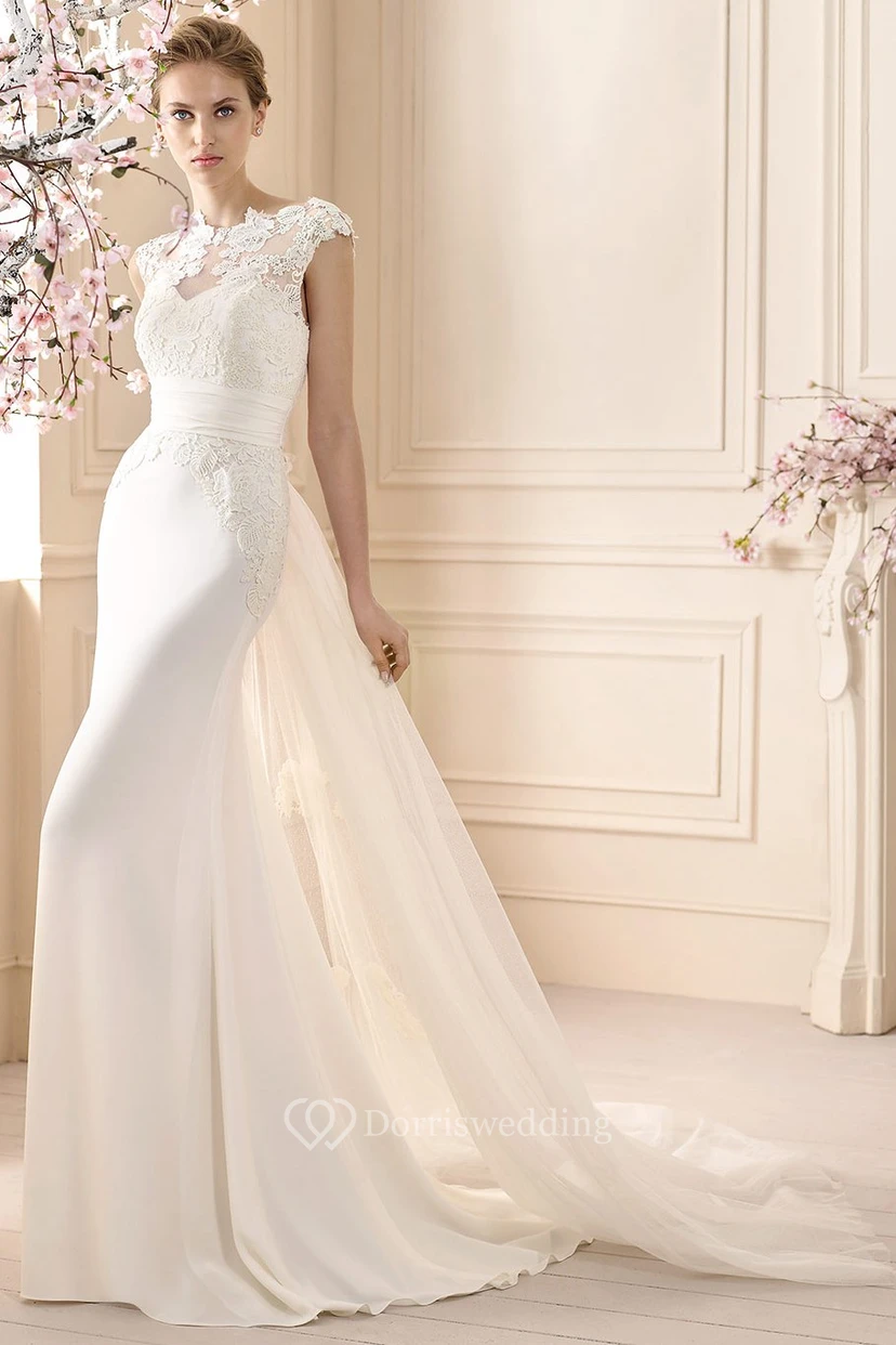 Sheath Floor-Length Cap-Sleeve Appliqued High-Neck Jersey Wedding Dress