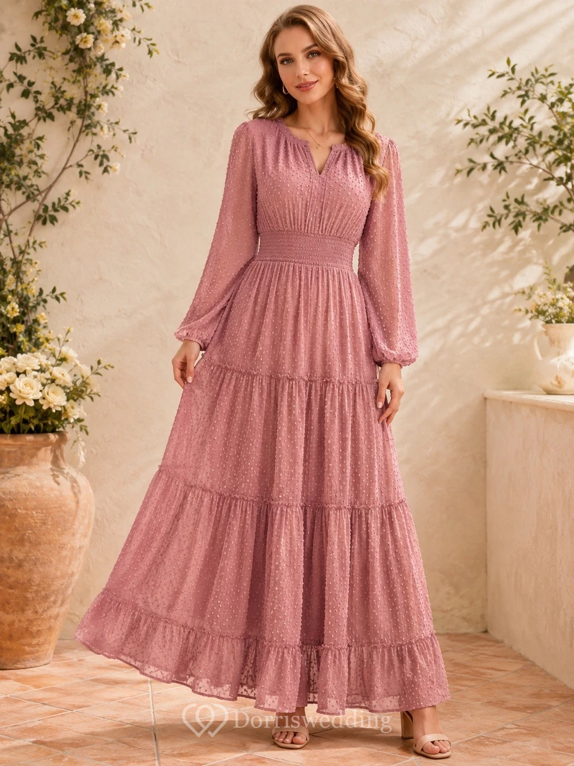 Dusty Rose Chiffon V-neck Long Sleeve Tiered A-Line Maxi Dress