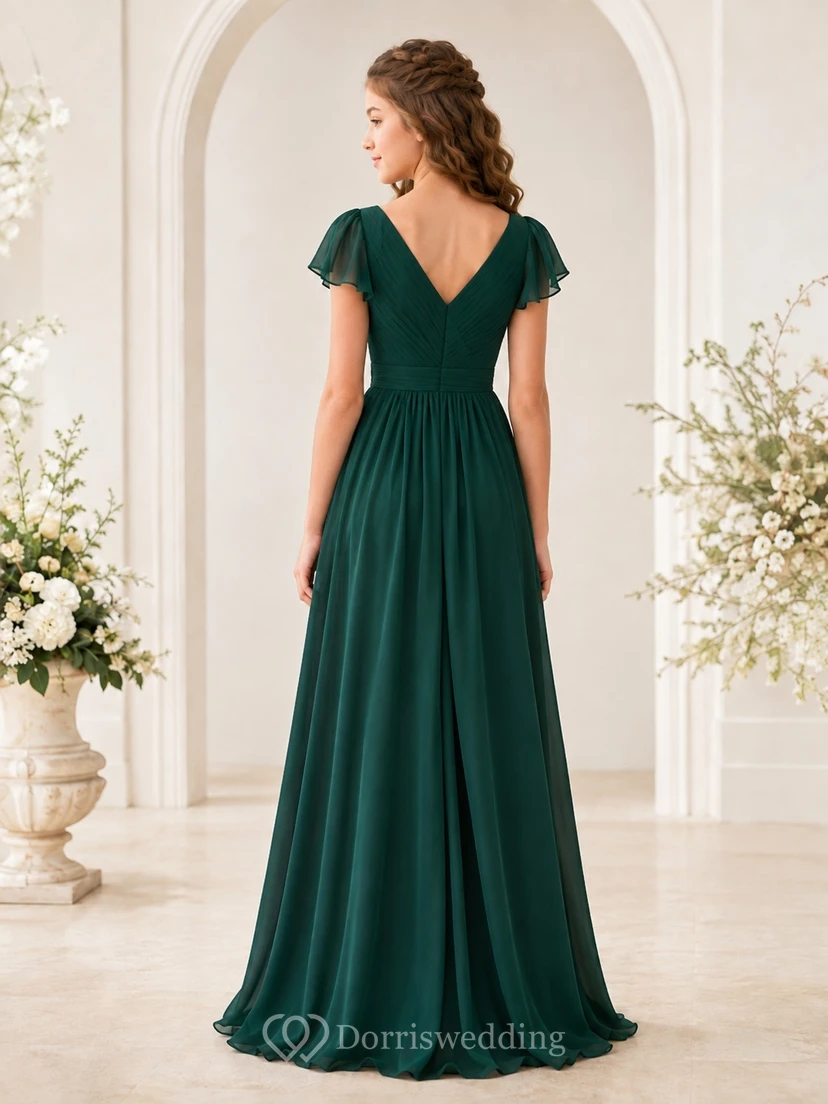 Smaragdgrünes Brautjungfernkleid für junge Damen, A-Linie, V-Ausschnitt, kurze Ärmel, elegant und formell view 2