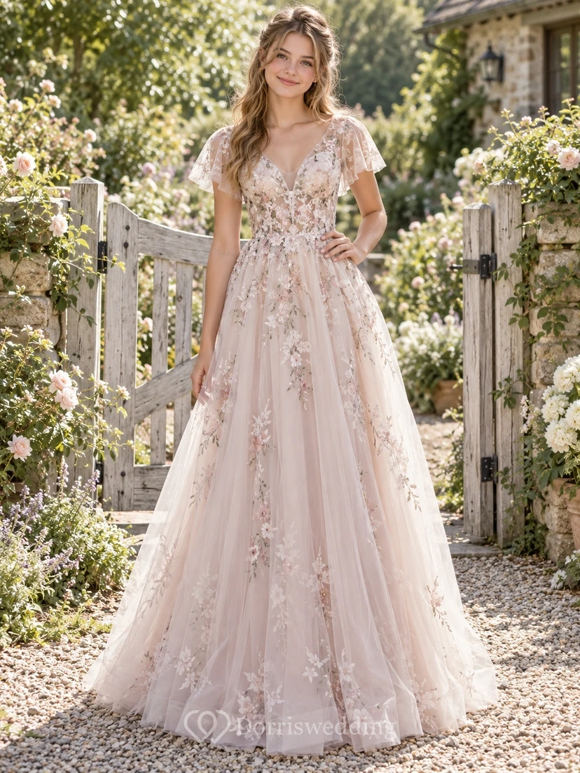 Country Blush V-neck Floral Applique Cap Sleeve A-line Birthday Gown