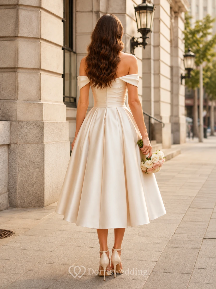 Elegante vestido de novia de satén de largo midi con hombros descubiertos, estilo juzgado. view 2