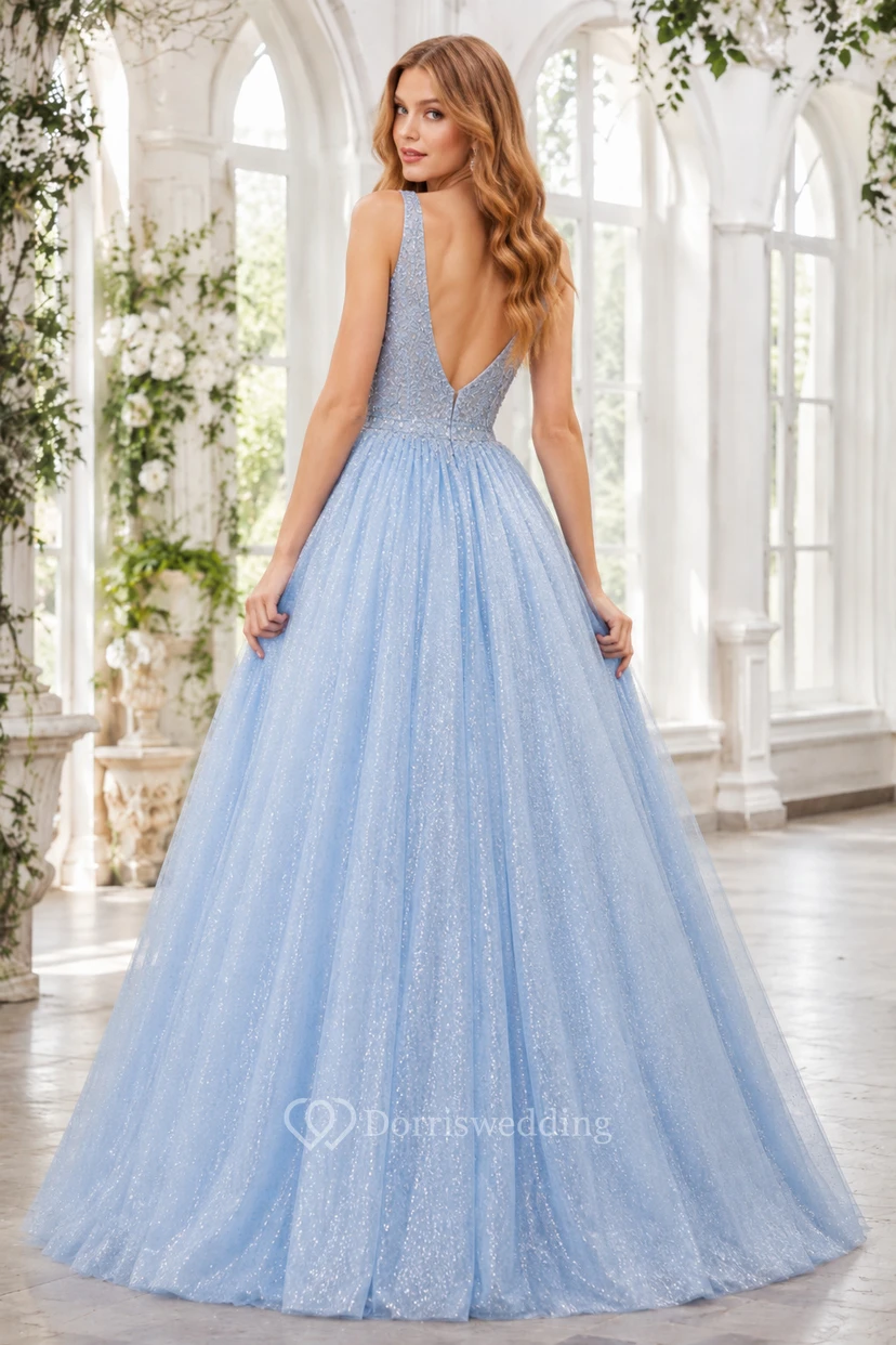 Sky Blue Glitter Tulle Ball Gown Prom Dress with V-Neck and Deep V Back view 2