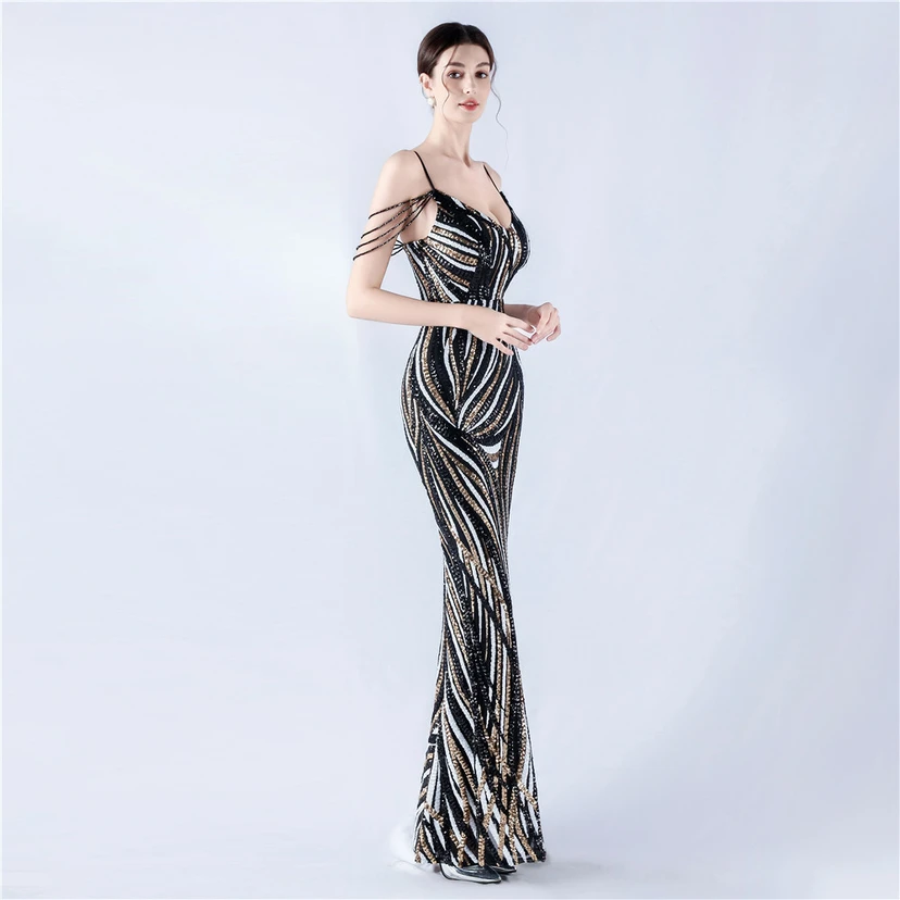 Sequined Striped Color Matching Slim Dinner Host Suspender Long Dress For Women view 4