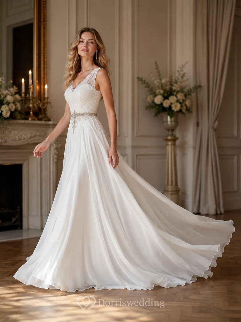 Empire-Chiffon-Brautkleid im griechischen Stil mit V-Ausschnitt, ärmellos und mit Perlenstickerei view 5
